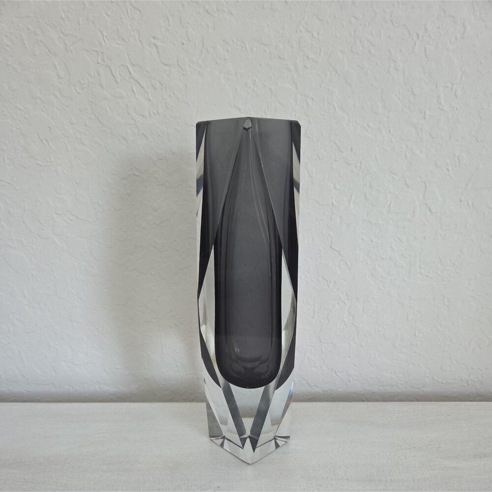 Vintage Murano Faceted Glass Vase Sommerso by Flavio Poli Smoked Gray 10.5"